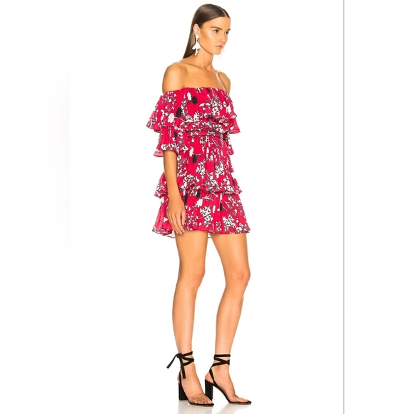 Self-Portrait Off Shoulder Pleated Floral Mini Dress Size 4 - Picture 3 of 13